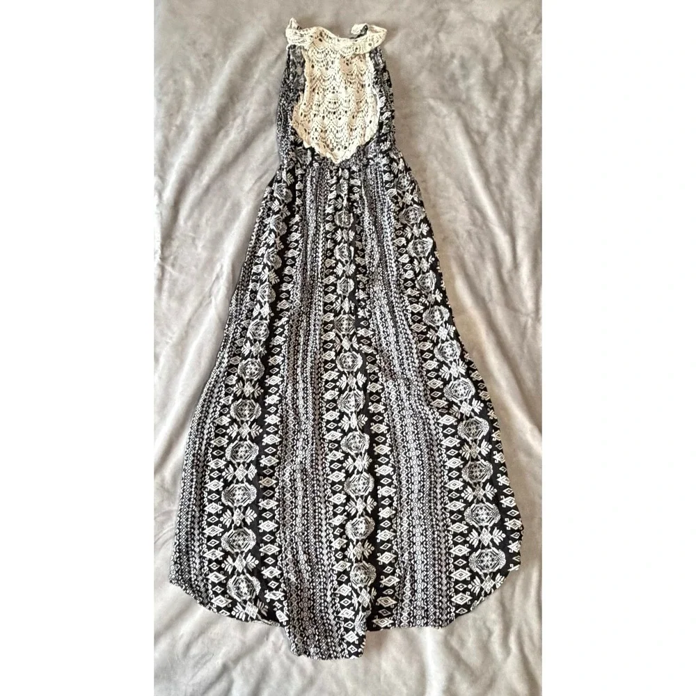 Love Tree Boho Tribal Print High Low Maxi Dress Black White Crochet Lace Medium - Picture 2 of 3